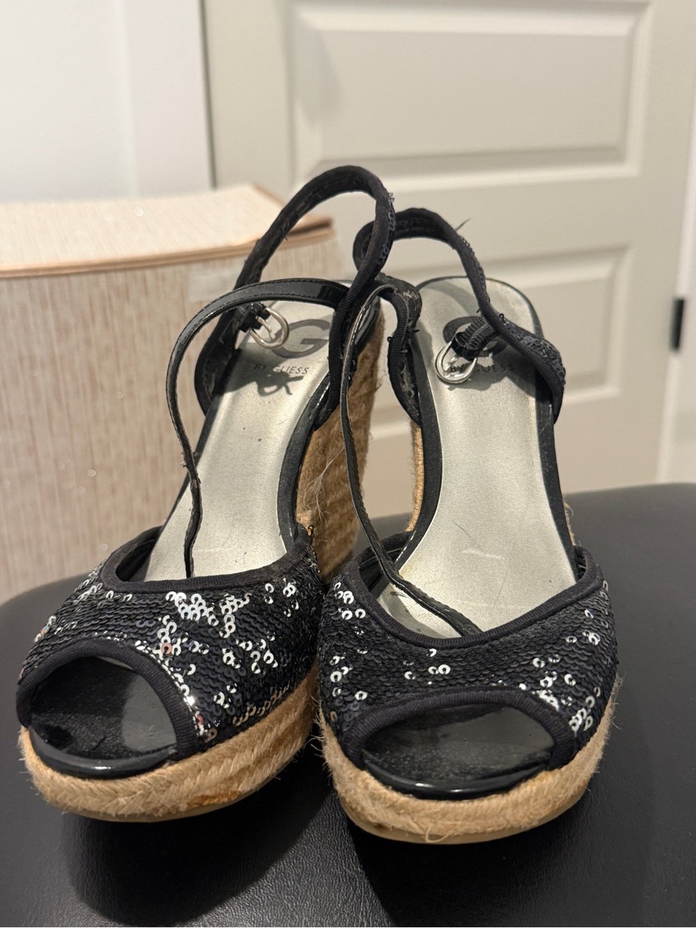 Guess Black Sequin Espadrille Wedges with Ankle Strap